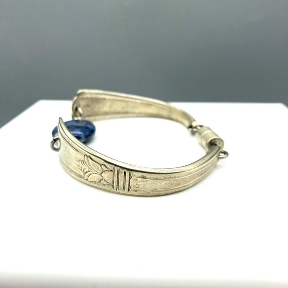 Vintage Silver Plate Utensil Bracelet with Lapis Lazuli, Upcycled Bangle
